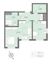 1 ккв № 352 Дом: 134.1 Корп.: 17 , Секция 3  в ЖК Ручьи