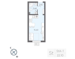 Студия № 3 Дом: 128.2 Корп.: 19 , Секция 1  в ЖК Ручьи