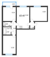 3 ккв (Евро) № 156 Дом: 134.2 Корп.: 18 , Секция 2  в ЖК Ручьи