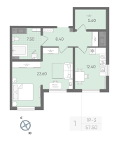 1 ккв № 336 Дом: 134.1 Корп.: 17 , Секция 3  в ЖК Ручьи