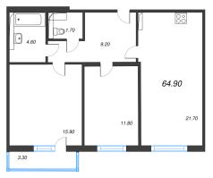 3 ккв (Евро) № 27 Дом: 15 Корп.: 1 , Секция 1  в ЖК Руднева 15