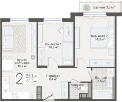 3 ккв (Евро) № 105 Дом: 15 Корп.: 1 , Секция 1  в ЖК Руднева 15