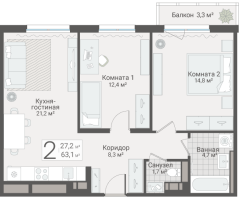 3 ккв (Евро) № 204 Дом: 15 Корп.: 1 , Секция 2  в ЖК Руднева 15