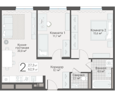 3 ккв (Евро) № 6 Дом: 15 Корп.: 1 , Секция 1  в ЖК Руднева 15