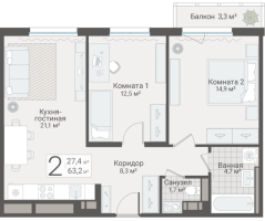 3 ккв (Евро) № 196 Дом: 15 Корп.: 1 , Секция 2  в ЖК Руднева 15