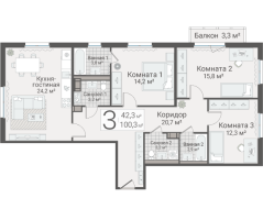 4 ккв (Евро) № 158 Дом: 15 Корп.: 1 , Секция 2  в ЖК Руднева 15