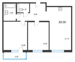 3 ккв (Евро) № 180 Дом: 15 Корп.: 1 , Секция 2  в ЖК Руднева 15