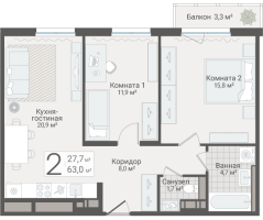 3 ккв (Евро) № 66 Дом: 15 Корп.: 1 , Секция 1  в ЖК Руднева 15