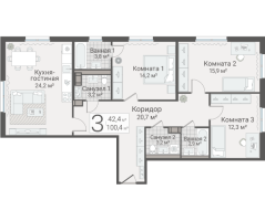 4 ккв (Евро) № 142 Дом: 15 Корп.: 1 , Секция 2  в ЖК Руднева 15