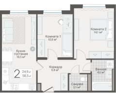 3 ккв (Евро) № 5 Дом: 15 Корп.: 1 , Секция 1  в ЖК Руднева 15