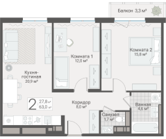 3 ккв (Евро) № 26 Дом: 15 Корп.: 1 , Секция 1  в ЖК Руднева 15