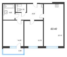 3 ккв (Евро) № 147 Дом: 15 Корп.: 1 , Секция 2  в ЖК Руднева 15