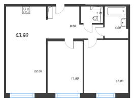3 ккв (Евро) № 130 Дом: 15 Корп.: 2 , Секция 2  в ЖК Руднева 15