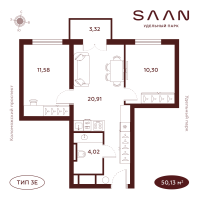 3 ккв (Евро) № Н-8.43 Корп.: 1 , Секция 1  в ЖК SAAN Удельный парк