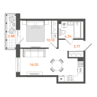 2 ккв (Евро) № 55 Корп.: 1 , Секция 1  в ЖК STAVNI Обводный