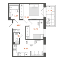 3 ккв (Евро) № 81 Корп.: 1 , Секция 2  в ЖК STAVNI Обводный