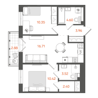 3 ккв (Евро) № 121 Корп.: 1 , Секция 2  в ЖК STAVNI Обводный