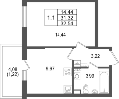 1 ккв № 603 Корп.: 1.3 , Секция 20  в ЖК Сэтл Дворцовый