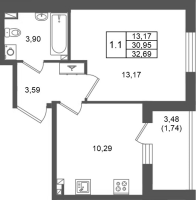 1 ккв № 62 Корп.: 1.3 , Секция 2  в ЖК Сэтл Дворцовый