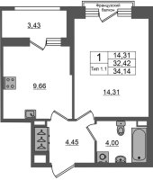 1 ккв № 255 Корп.: 1.1 , Секция 1.4  в ЖК Сэтл Ривьера
