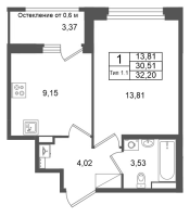 1 ккв № 612 Корп.: 2.1 , Секция 1.5  в ЖК Сэтл Ривьера