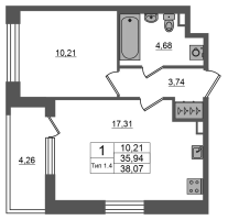 2 ккв (Евро) № 1172 Корп.: 1.1 , Секция 1.8  в ЖК Setl Ривьера