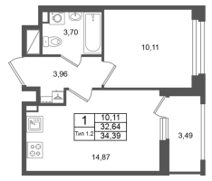 1 ккв № 1530 Корп.: 2.1 , Секция 1.9  в ЖК Сэтл Ривьера