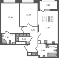 3 ккв (Евро) № 1748 Корп.: 1.1 , Секция 2.3  в ЖК Сэтл Ривьера