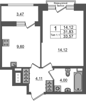 1 ккв № 343 Корп.: 1.1 , Секция 1.4  в ЖК Сэтл Ривьера