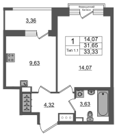 1 ккв № 431 Корп.: 1.1 , Секция 1.5  в ЖК Setl Ривьера