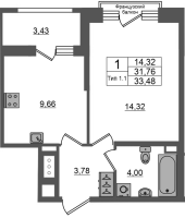 1 ккв № 315 Корп.: 1.1 , Секция 1.4  в ЖК Сэтл Ривьера