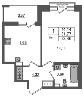 1 ккв № 567 Корп.: 1.1 , Секция 1.5  в ЖК Сэтл Ривьера
