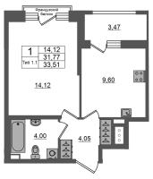 1 ккв № 267 Корп.: 1.1 , Секция 1.4  в ЖК Setl Ривьера