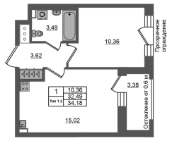 2 ккв (Евро) № 553 Корп.: 1.2 , Секция 3.1  в ЖК Setl Ривьера