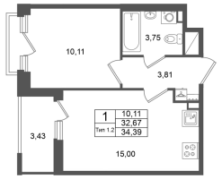 1 ккв № 58 Корп.: 2.1 , Секция 1.1  в ЖК Сэтл Ривьера