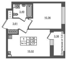 2 ккв (Евро) № 524 Корп.: 1.2 , Секция 3.1  в ЖК Сэтл Ривьера
