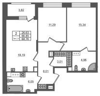 3 ккв (Евро) № 1503 Корп.: 1.1 , Секция 2.1  в ЖК Setl Ривьера