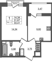 1 ккв № 310 Корп.: 1.1 , Секция 1.4  в ЖК Сэтл Ривьера