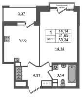 1 ккв № 843 Корп.: 1.1 , Секция 1.6  в ЖК Сэтл Ривьера