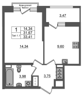 1 ккв № 265 Корп.: 1.1 , Секция 1.4  в ЖК Setl Ривьера