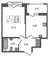 1 ккв № 252 Корп.: 1.1 , Секция 1.4  в ЖК Setl Ривьера