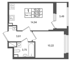 1 ккв № 1603 Корп.: 2.1 , Секция 1.9  в ЖК Сэтл Ривьера