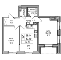 2 ккв № 2 Корп.: 25 Уч. 21 , Секция 1  в ЖК Северная Долина