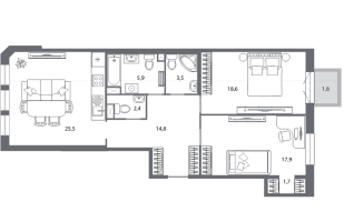 3 ккв (Евро) № 121 Корп.: 7.2 , Секция 3  в ЖК Северная корона