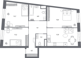 4 ккв (Евро) № 22 Корп.: 2 , Секция 1  в ЖК Северная корона