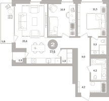 3 ккв (Евро) № 202.7.5 Корп.: 3-2 , Секция 2  в ЖК Северный ветер