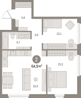 3 ккв (Евро) № 302.9.4 Корп.: 2-2 , Секция 2  в ЖК Северный ветер