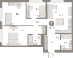 4 ккв (Евро) № 308.3.8 Корп.: 2-2 , Секция 8  в ЖК Северный ветер