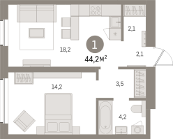 2 ккв (Евро) № 206.5.6 Корп.: 2-1 , Секция 3  в ЖК Северный ветер