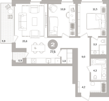 3 ккв (Евро) № 202.5.5 Корп.: 3-2 , Секция 2  в ЖК Северный ветер
